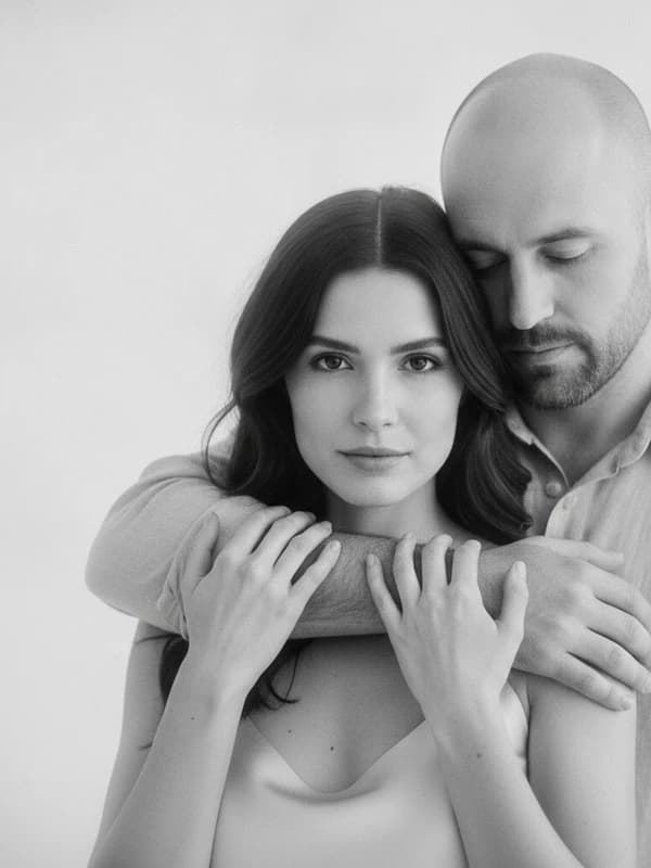 Monochrome Hug AI headshot example — Dreamy B&W wrap — eyes over the arm