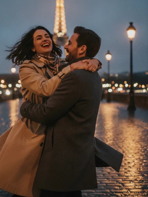 Paris Golden Hour AI headshot example — Spinning hug by the Seine