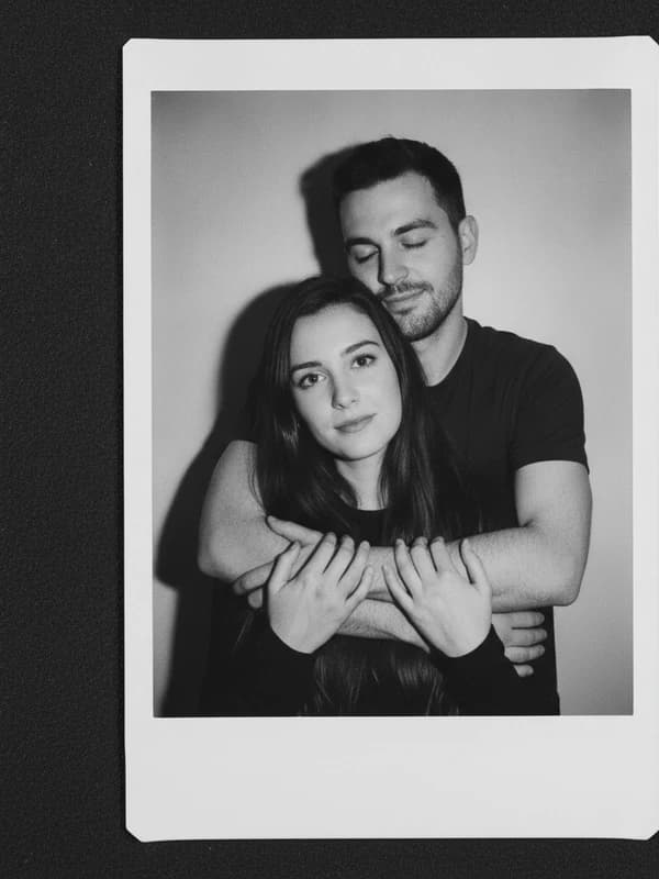 Polaroid Hug AI headshot example — The viral B&W flash hug