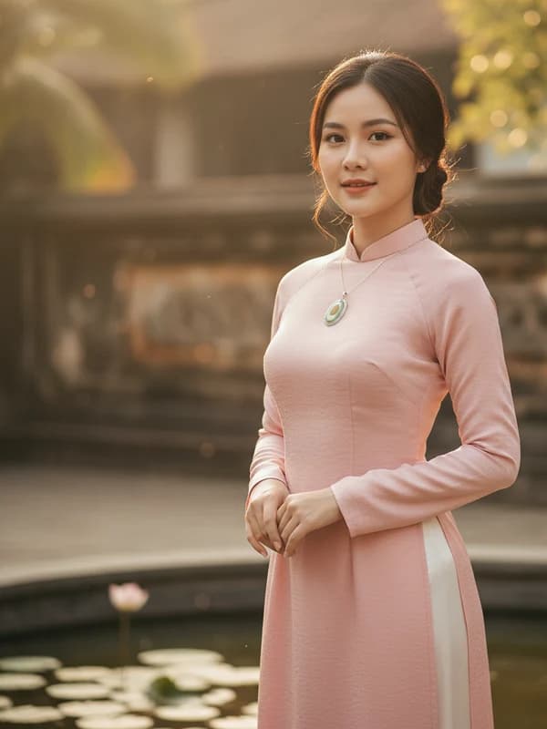 Vietnamese Áo Dài AI headshot example — Silk tunic + lotus courtyard