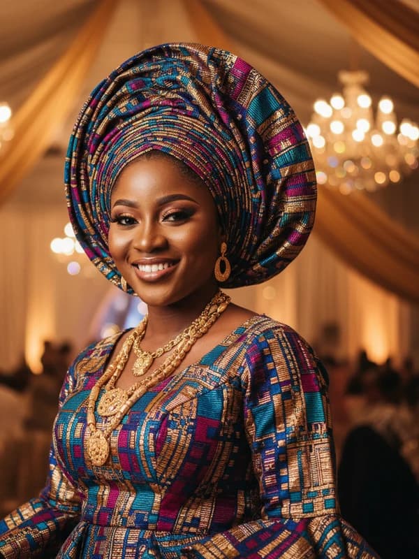 Nigerian Aso-Ebi AI headshot example — Festive Ankara + gele