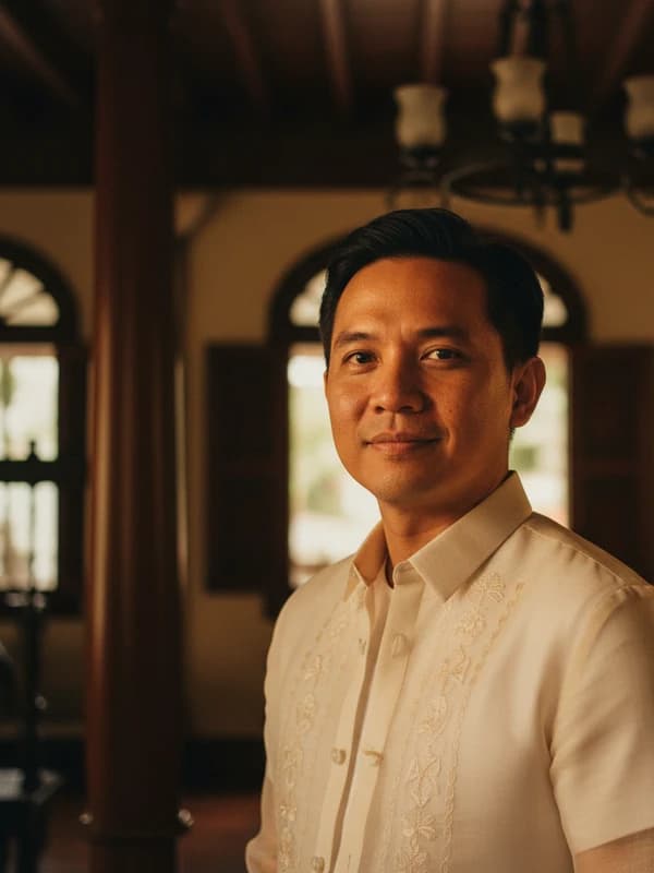 Filipino Barong AI headshot example — Piña embroidery + capiz light