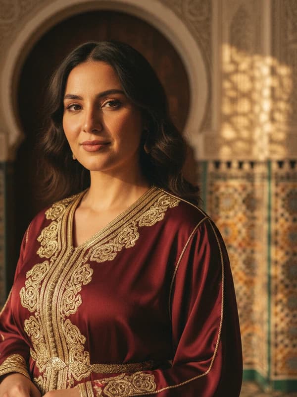 Moroccan Caftan AI headshot example — Gold sfifa + zellige tile