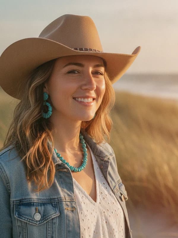 Coastal Cowgirl AI headshot example — Beach-dune western