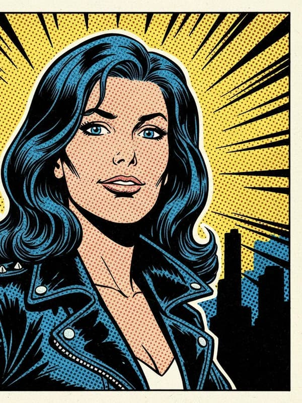 Comic Hero AI headshot example — Silver-Age halftone hero