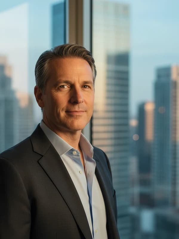 Corner Office AI headshot example — Glass-tower city view
