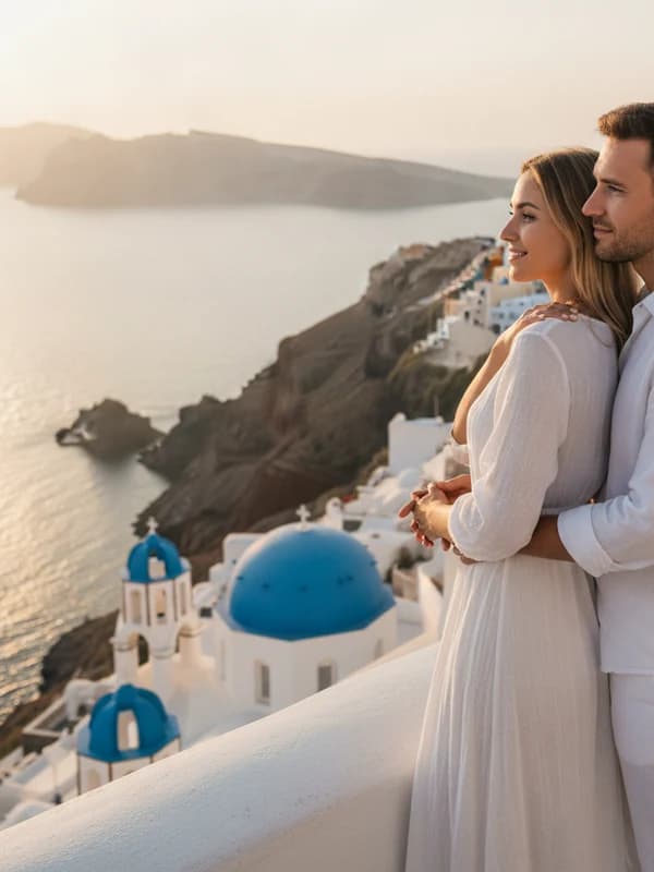 Santorini AI headshot example — Caldera-terrace embrace
