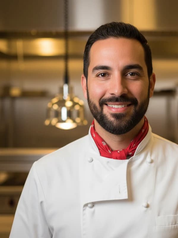Culinary AI headshot example — Chef whites + kitchen