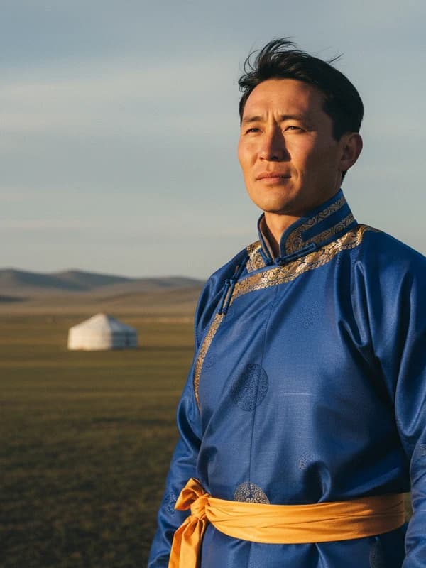 Mongolian Deel AI headshot example — Brocade + steppe horizon