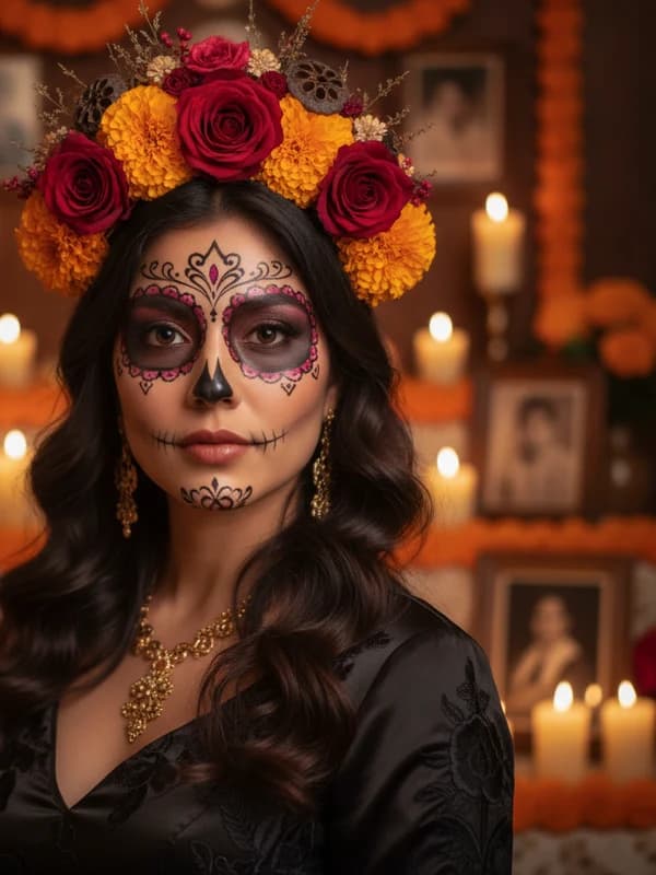 Día de los Muertos AI headshot example — Elegant Catrina remembrance