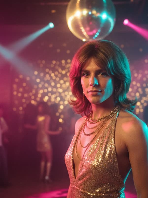 Studio 54 Disco AI headshot example — Sequins + mirror-ball glow