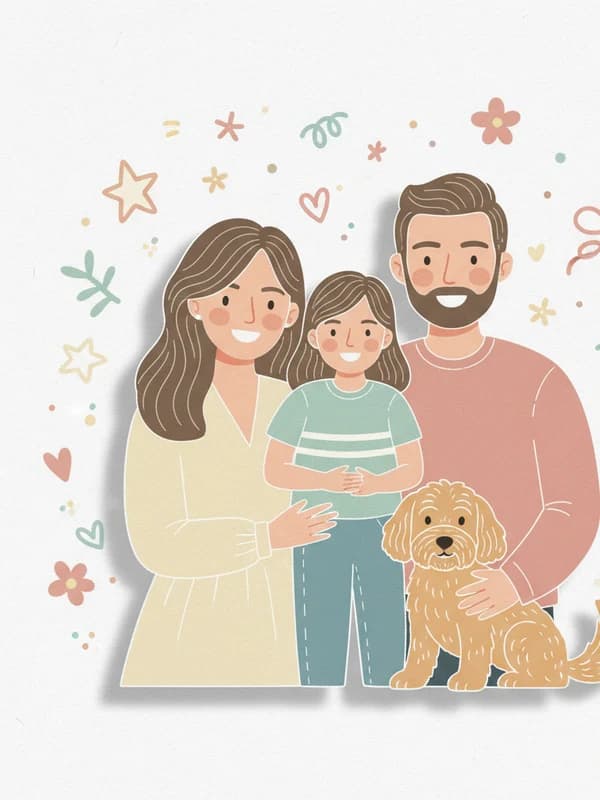 Family Doodle AI headshot example — Illustrated family wall art