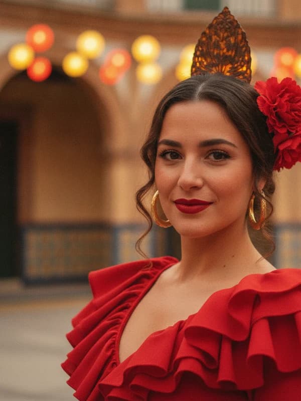 Spanish Flamenca AI headshot example — Feria ruffles + peineta