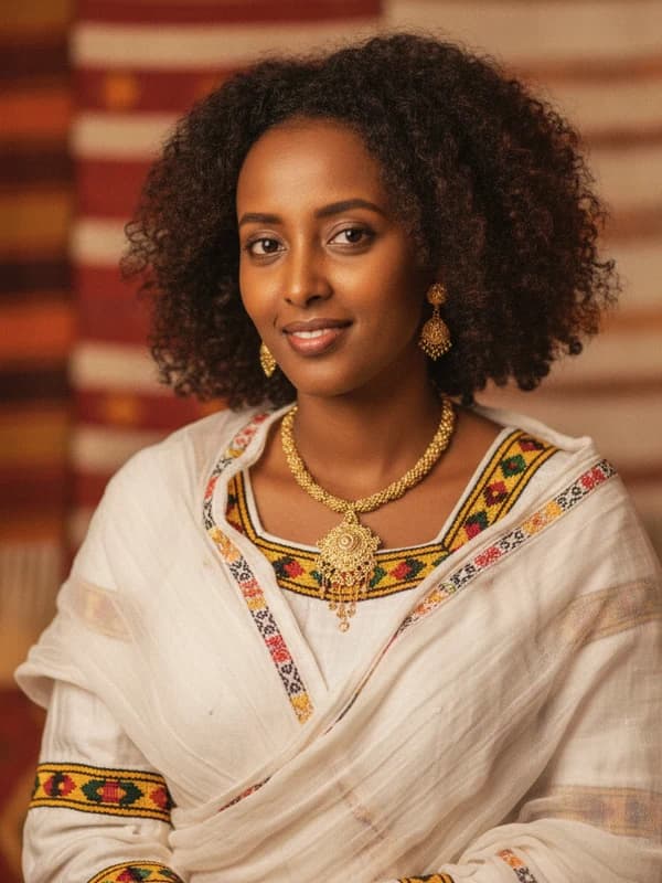 Ethiopian Habesha AI headshot example — Tibeb-bordered white