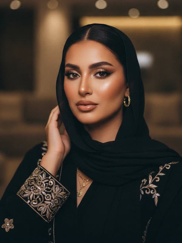 Khaleeji Abaya AI headshot example — Gulf soft-glam luxe