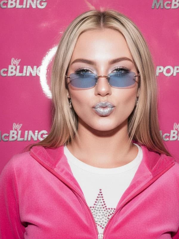 2000s McBling AI headshot example — Tabloid it-girl flash