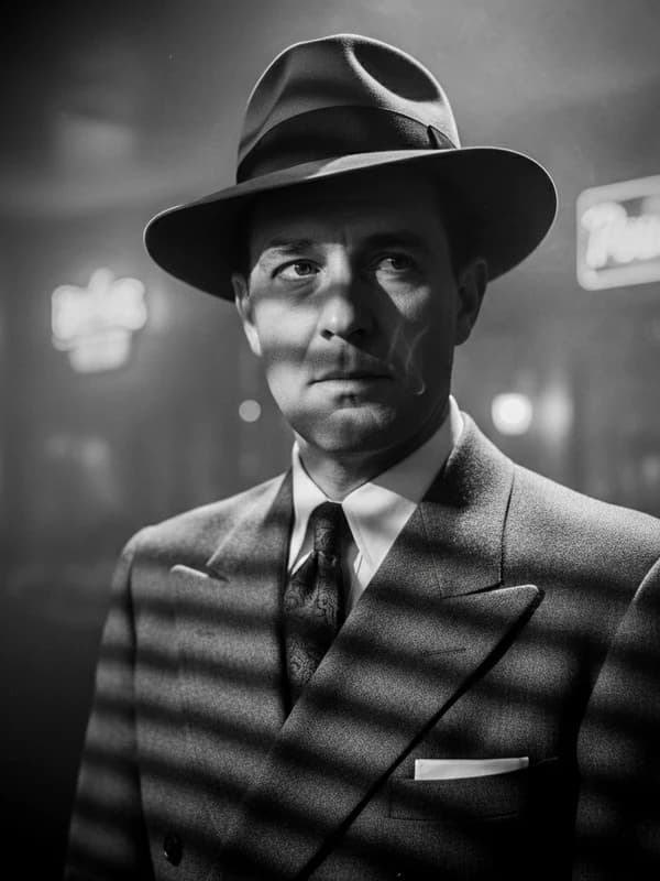 1940s Film Noir AI headshot example — Fedora + venetian-blind shadow