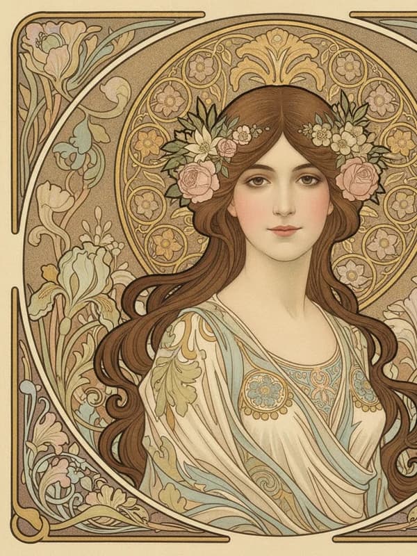 Art Nouveau AI headshot example — Mucha floral halo