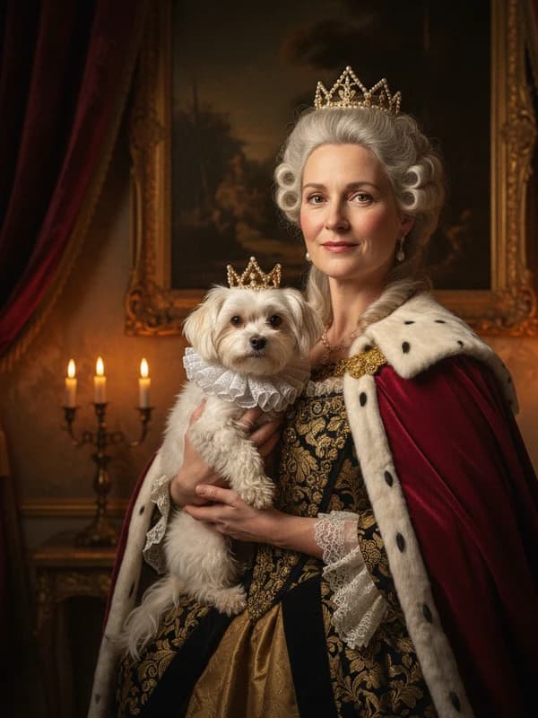 Royal Pet AI headshot example — You + your pet, in court