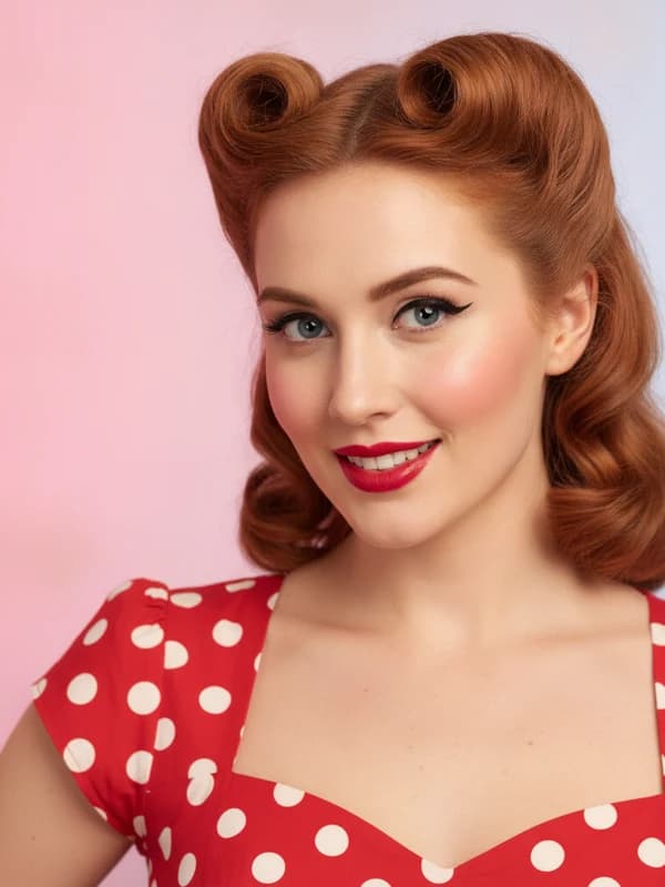 1950s Pin-Up AI headshot example — Victory rolls + red lip