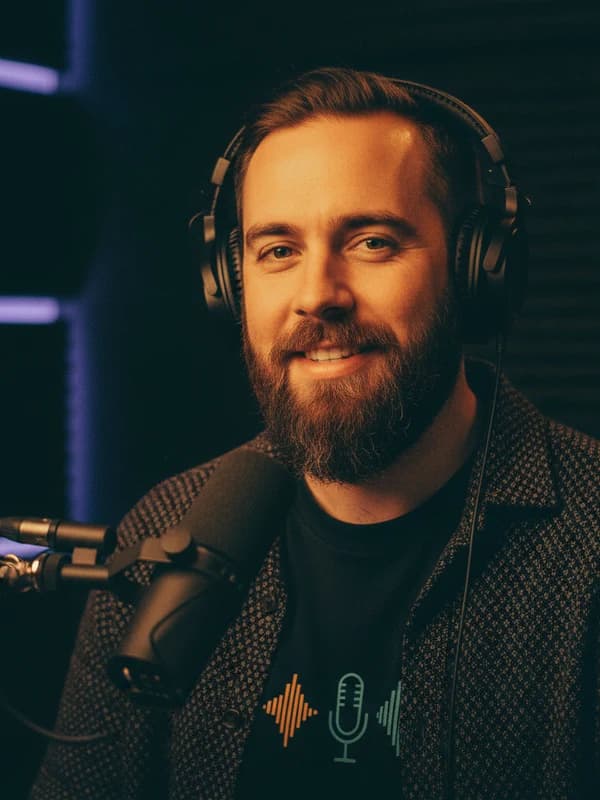 Podcast Promo AI headshot example — Mid-conversation warmth