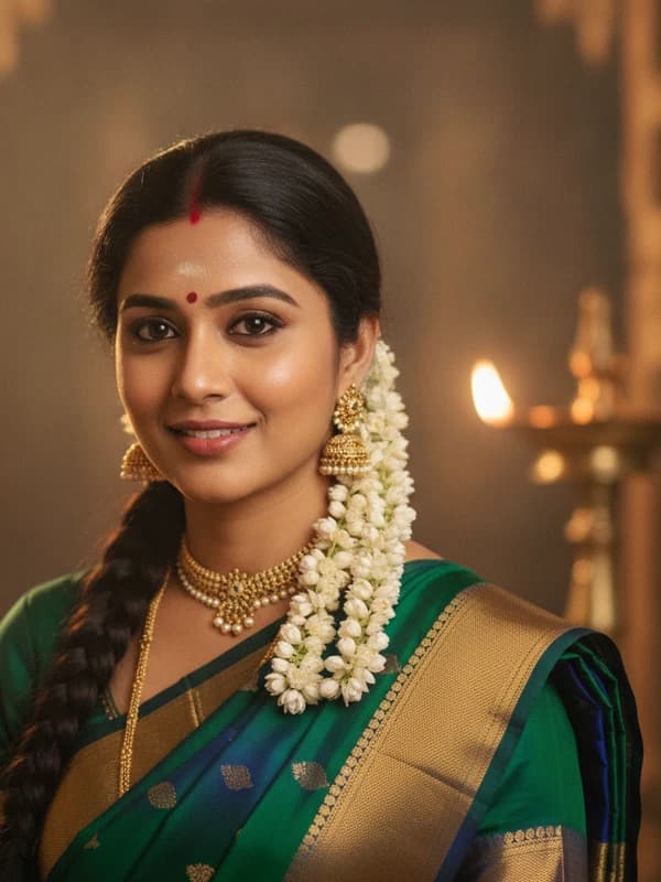 Indian Saree AI headshot example — Silk drape + gold zari