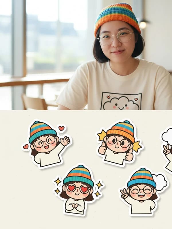 Sticker Pack AI headshot example — Kawaii die-cut sheet