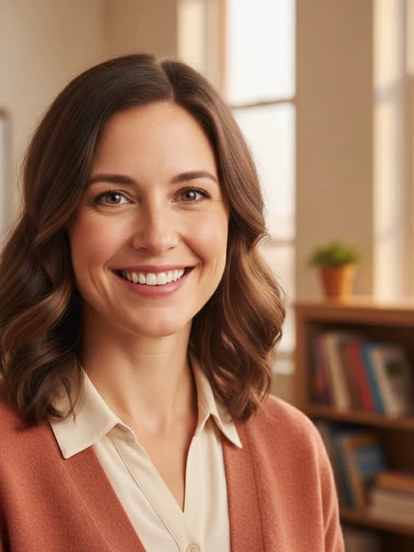 Teacher AI headshot example — Warm classroom