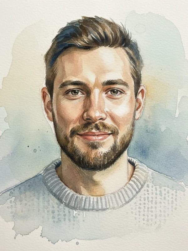 Watercolor AI headshot example — Loose wash + paper grain