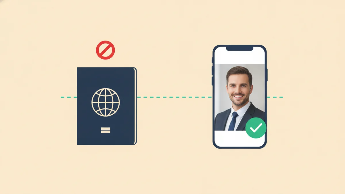 A passport booklet with a small no symbol next to a phone showing a verified headshot with a green check, clean flat lay illustration