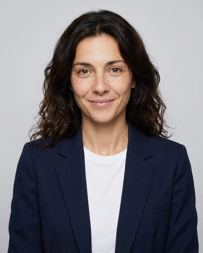 Portrait pour CV, blazer marine sur fond gris