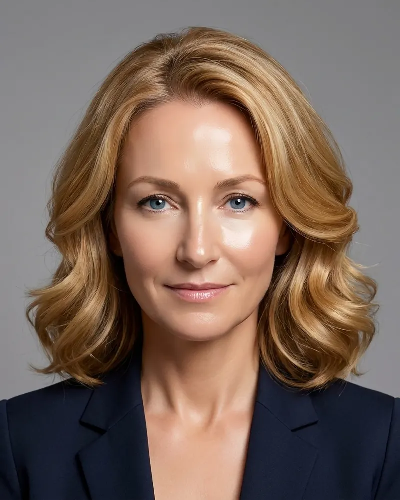A failed result: the same woman de-aged to about 35, hair dyed blonde