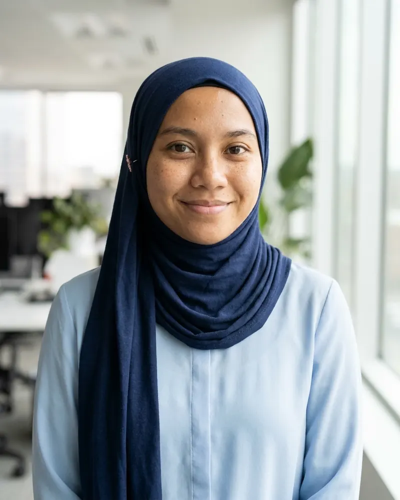 Office look with a navy hijab and light blue blouse