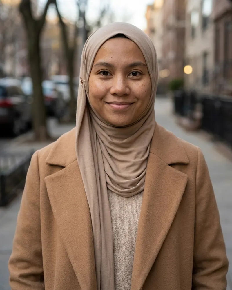 Outdoor look with a beige hijab and camel coat
