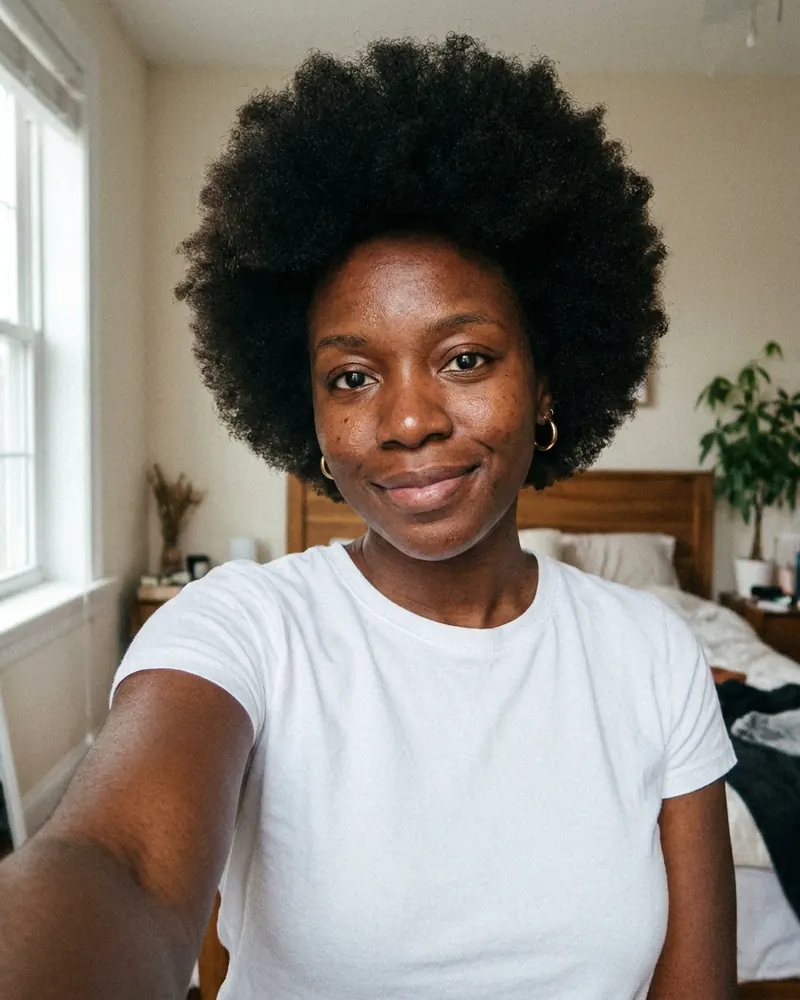 The starting selfie: natural type 4 coils in a full rounded afro